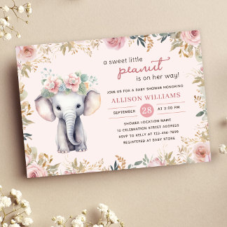 Convite Chá de fraldas Floral de Elephant Watercolor