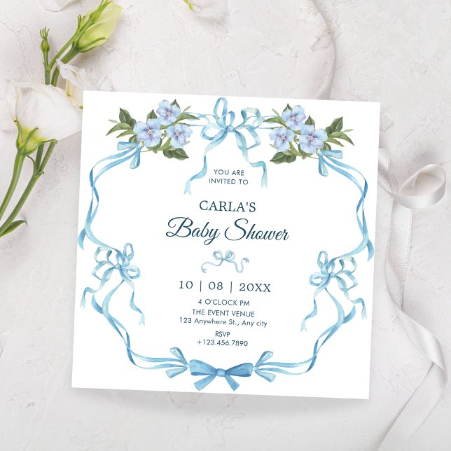 Convite Chá de fraldas floral de fita de arco azul (Criador carregado)