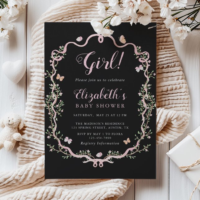 Convite Chá de fraldas Floral de Flor Preto e Rosa (Criador carregado)