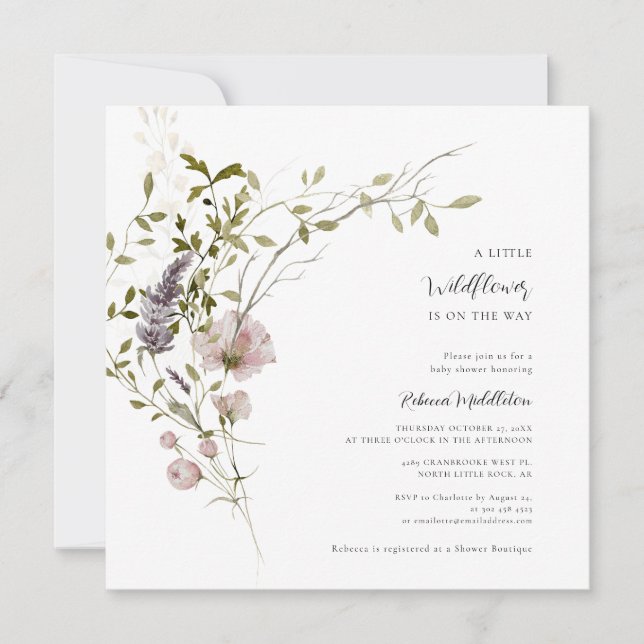 Convite Chá de fraldas Floral de Flor Selvagem (Frente)