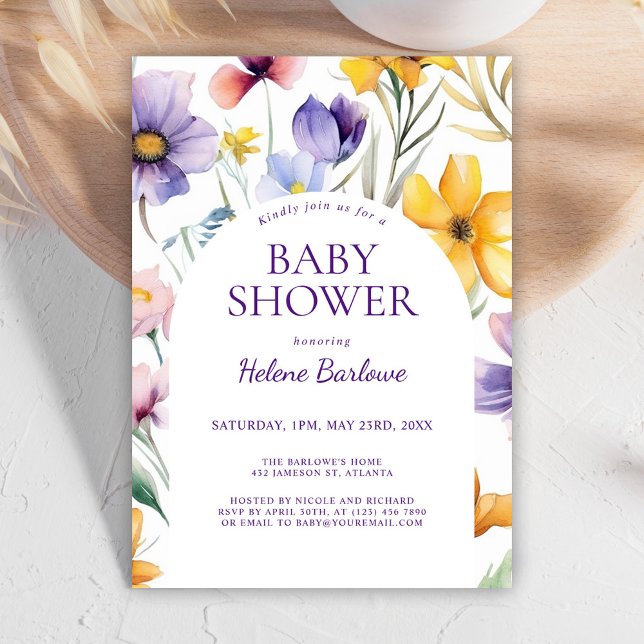Convite Chá de fraldas Floral de Flores Selvagens (Cute Wildflower Watercolor Floral Baby Shower Invitation)
