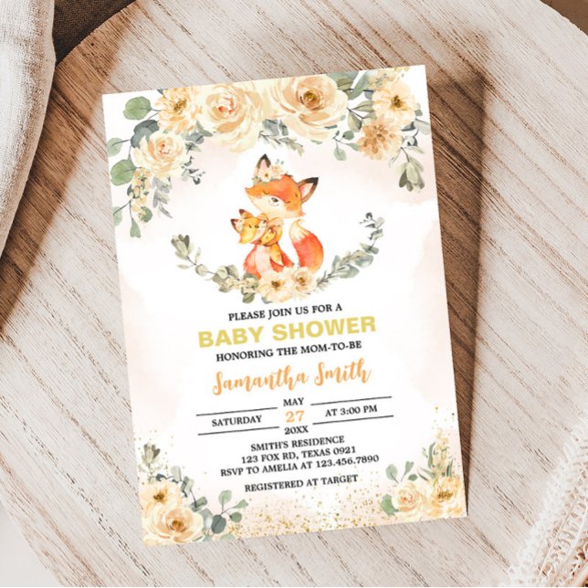 Convite Chá de fraldas Floral de Fox (Fox Baby Shower Invitation)