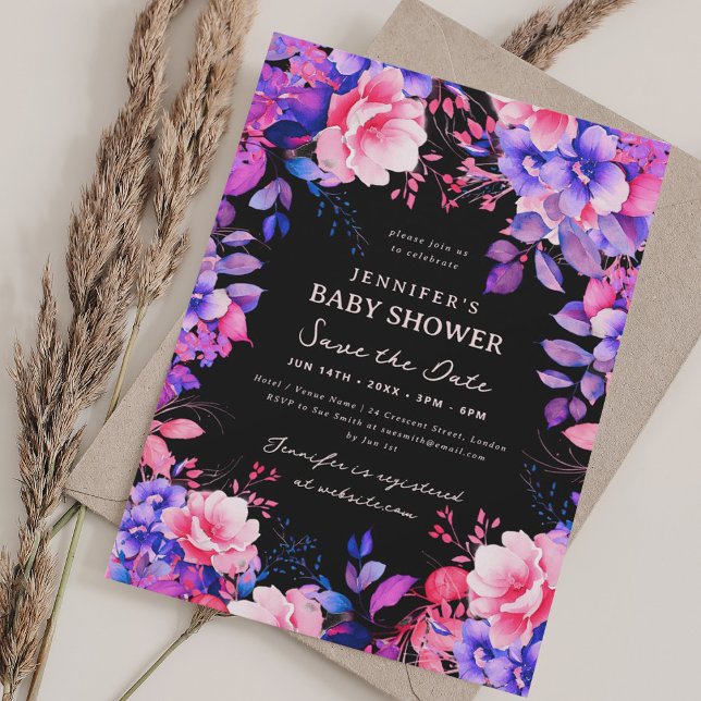 Convite Chá de fraldas Floral de Jardim Roxo Data de Salva (Purple Garden Floral Baby Shower Save Date Black Invitation)