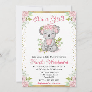Convite Chá de fraldas Floral de Koala, Cute de Watercolor