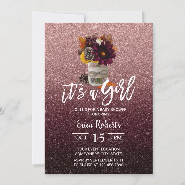 Convite Chá de fraldas Floral de outono Dourado de Borgonh (Frente)