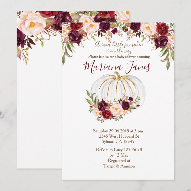 Convite Chá de fraldas Floral de Outono e Borgonha (Frente/Verso)