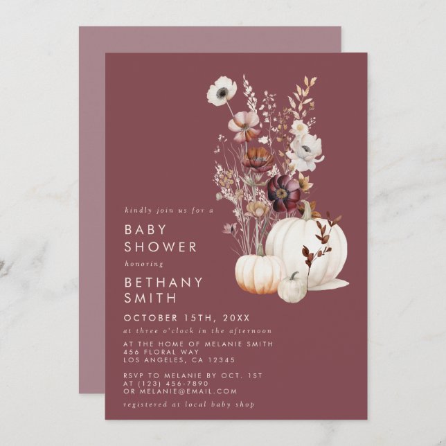 Convite Chá de fraldas Floral de outono Whimsical (Frente/Verso)