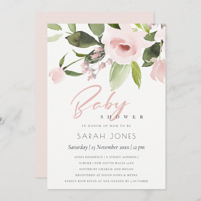 CONVITE CHÁ DE FRALDAS FLORAL DE PINCO BRANCO DE LAVAGEM S (Frente/Verso)