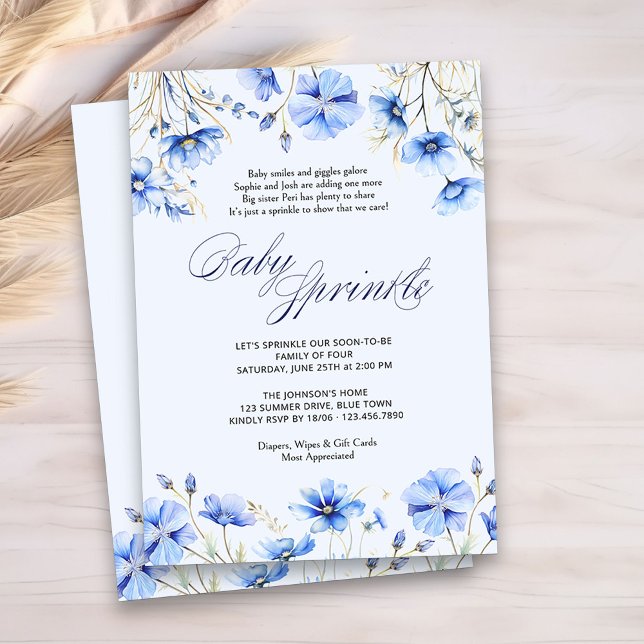 Convite Chá de fraldas Floral de Poema de Bebê Azul (Blue Floral Baby Sprinkle Invitation)