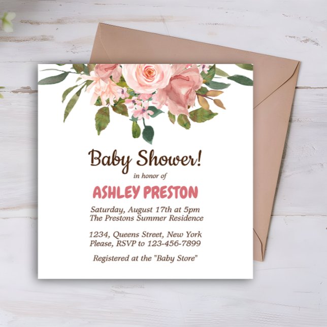 Convite Chá de fraldas Floral de Rosa para Aquarela (Blush Rose Watercolor Floral Baby Shower Invitation)