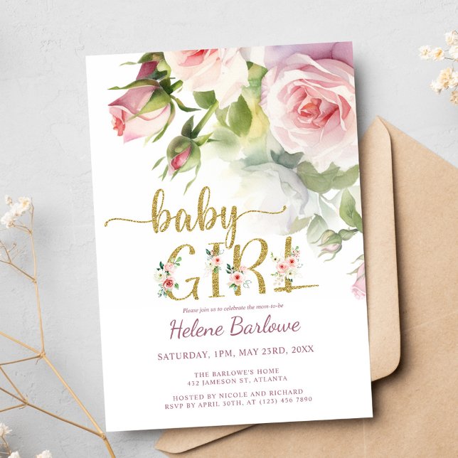Convite Chá de fraldas Floral de Rosa Rosa Dourado e Rosa (Blush Pink Gold Rose Floral Boho Girl Baby Shower Invitation)