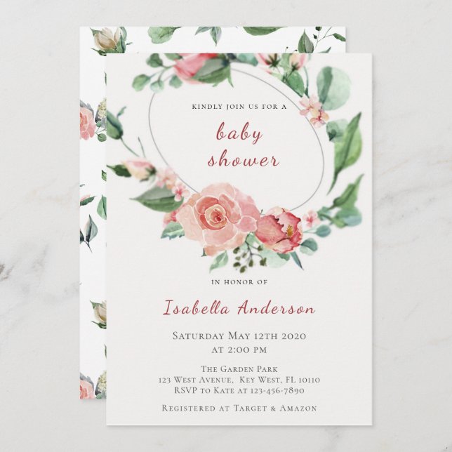 Convite Chá de fraldas Floral de Rosas Rosa Escamosas (Frente/Verso)