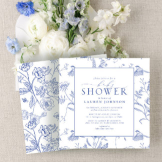 Convite Chá de fraldas Floral de Vintage Azul e Branco Chi