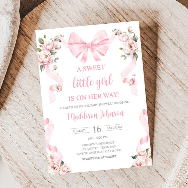 Convite Chá de fraldas Floral do Arco Coquette Rosa (Pink Coquette Floral Sweet Little Girl Baby Shower Invitation)