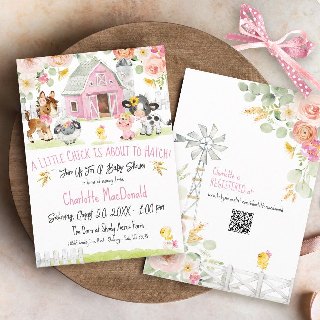 Convite Chá de fraldas Floral do Barnyard da Fazenda Pinti (Pink farm girl A Little Chick Is About to Hatch Barnyard animals QR floral baby shower invitation)