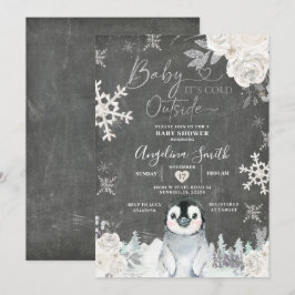 Convite Chá de fraldas Floral do Chalkboard Penguin Snowfl