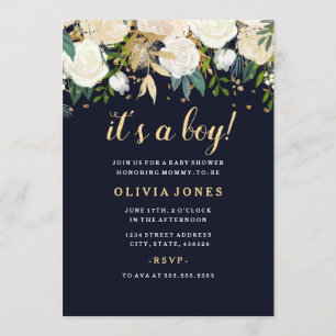 Convite Chá de fraldas floral do menino Sparkling do