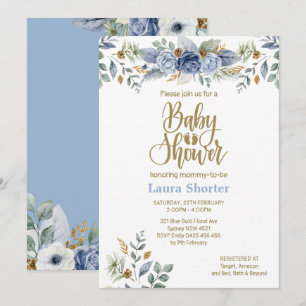 Convite Chá de fraldas Floral Dourado Azul Dusty