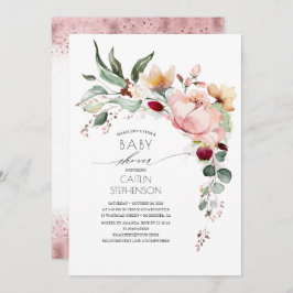 Convite Chá de fraldas Floral Dourado brilhante Rosa