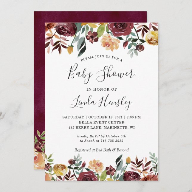 Convite Chá de fraldas Floral Dourado do Jardim Florestal  (Frente/Verso)