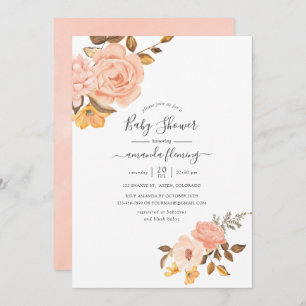 Convite Chá de fraldas Floral Dourado e rosa-claro