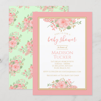 Convite Chá de fraldas Floral Dourado Mint Rosa Elegante