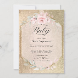 Convite Chá de fraldas Floral Dourado Rosa Blush