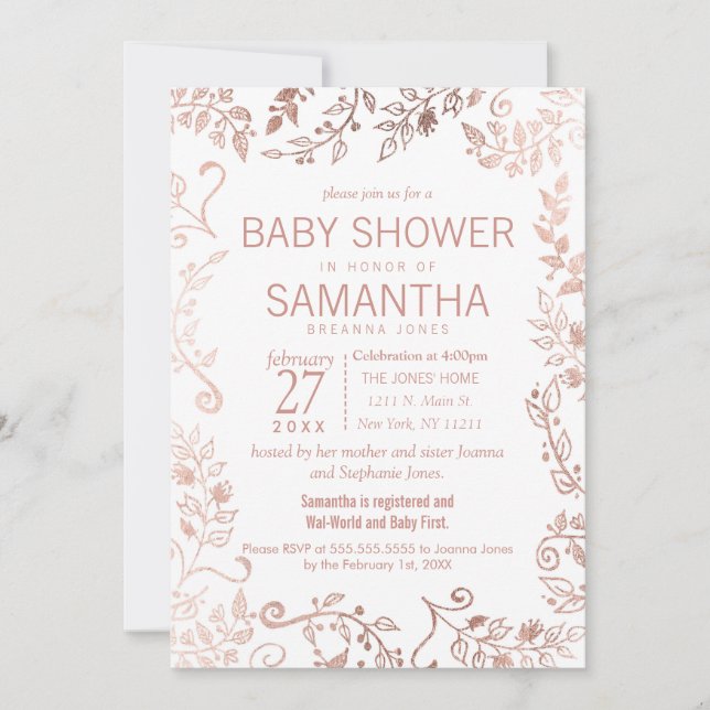 Convite Chá de fraldas Floral Dourado Rosa Branca Elegante (Frente)