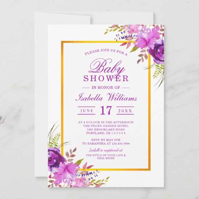 Convite Chá de fraldas Floral Dourado Roxo Elegante (Frente)