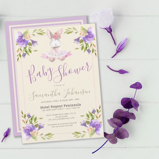 Convite Chá de fraldas Floral e Bunny Girl Roxo Elegante (ELEGANT LAVENDER PURPLE FLORAL & BUNNY GIRL BABY SHOWER INVITATION)
