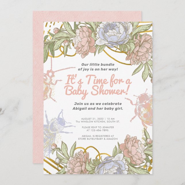 Convite Chá de fraldas Floral e Greenerescente de Dourada  (Frente/Verso)