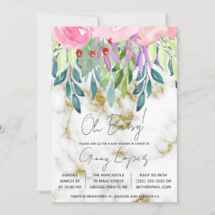 Convite Chá de fraldas Floral e Marble de Aquarela