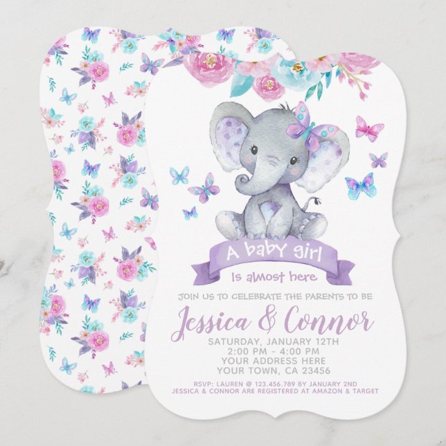 Convite Chá de fraldas Floral Elefante (Frente/Verso)