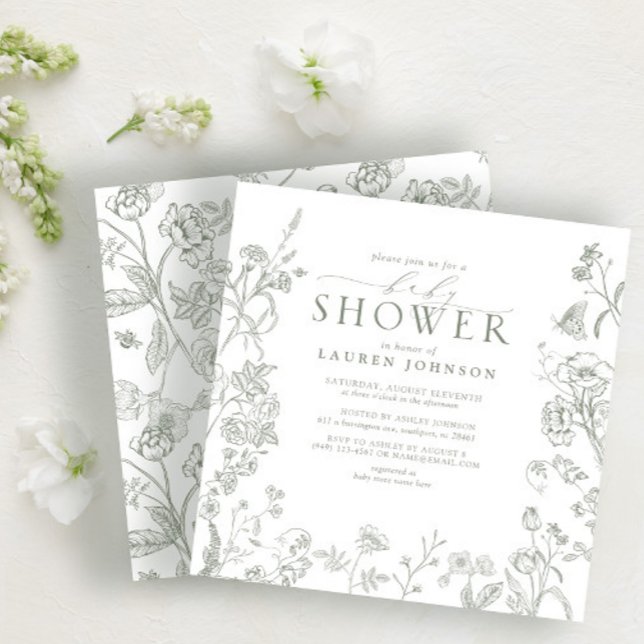 Convite Chá de fraldas Floral Elegante Elegante Verde Sage (Criador carregado)