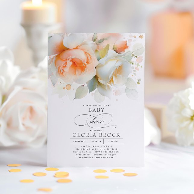 Convite Chá de fraldas Floral Elegante Soft Terracotta (Peach Terracotta and White Flowers Elegant Baby Shower Invitations)