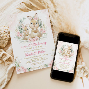 Convite Chá de fraldas Floral Eucalyptus bonito Cony Pink