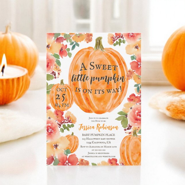 Convite Chá de fraldas floral floral de abóbora (Fall little pumpkin floral halloween baby shower invitation)