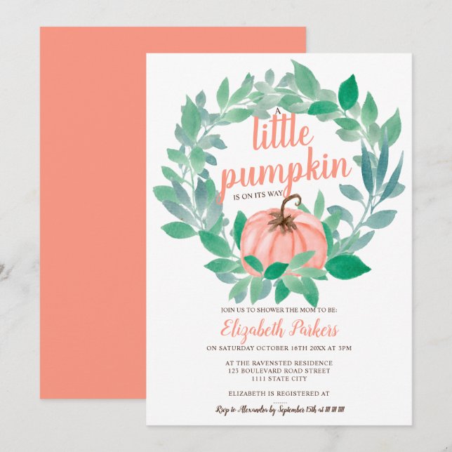 Convite Chá de fraldas floral floral de abóbora aquosa (Frente/Verso)