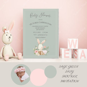 Convite Chá de fraldas Floral Green Girl Bunny Watercolor