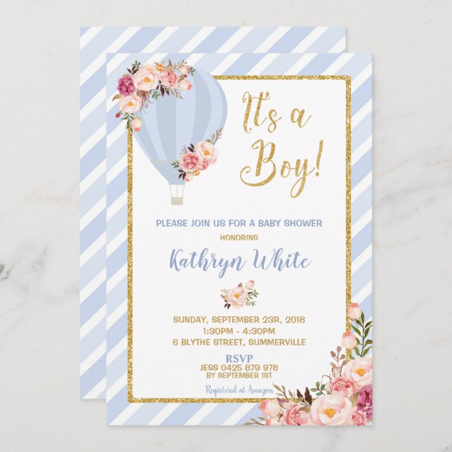 Convite Chá de fraldas Floral Hot Air Balloon (Frente/Verso)