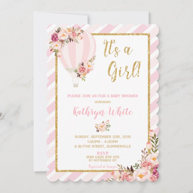 Convite Chá de fraldas Floral Hot Air Balon (Frente)