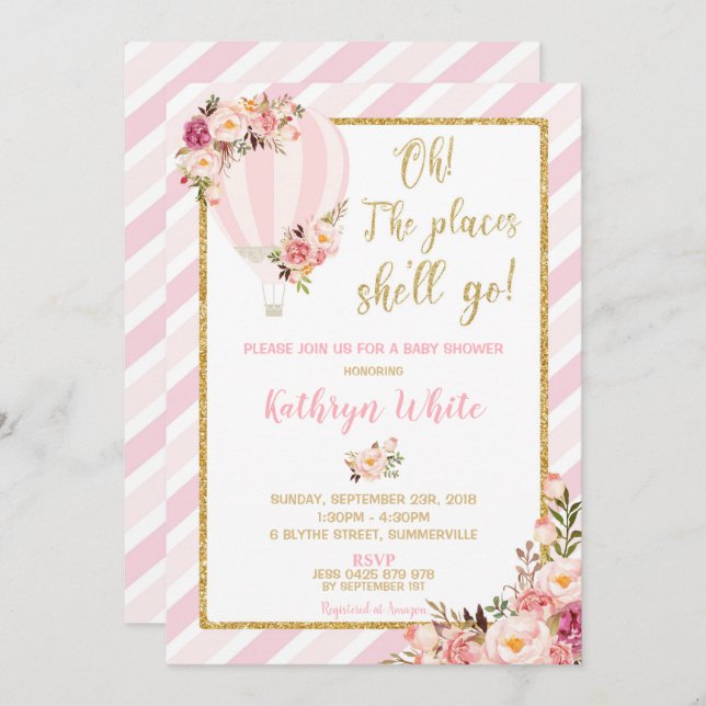 Convite Chá de fraldas Floral Hot Air Balon (Frente/Verso)