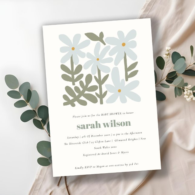 Convite Chá de fraldas Floral Mínimo Retroativo Azul Chic  (Criador carregado)