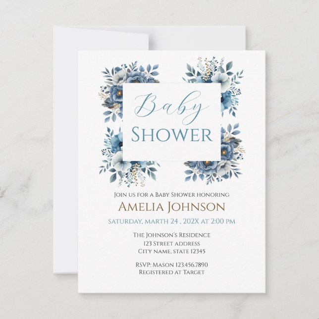 Convite Chá de fraldas Floral Moderno Azul (Frente)