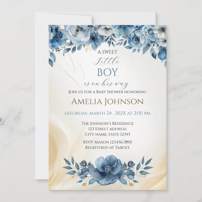 Convite Chá de fraldas Floral Moderno Azul (Frente)