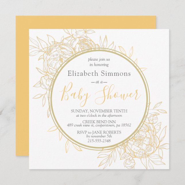 Convite Chá de fraldas Floral Moderno de Mostarda Peony (Frente/Verso)