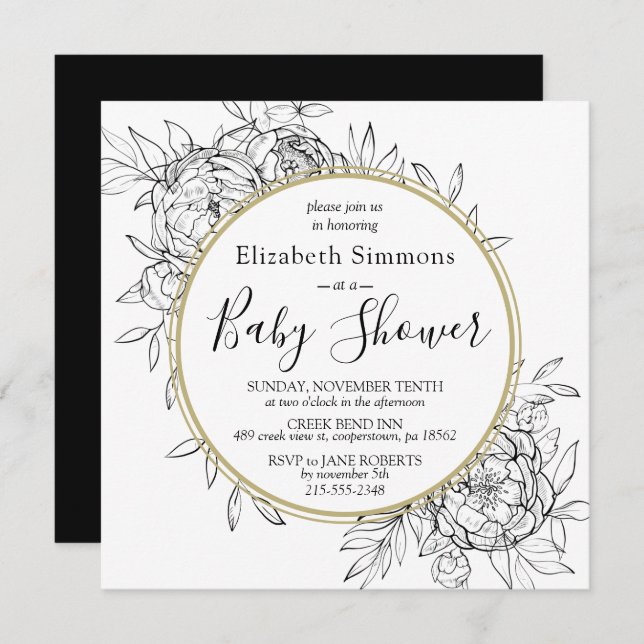 Convite Chá de fraldas Floral Moderno de Peony Preto e Dou (Frente/Verso)