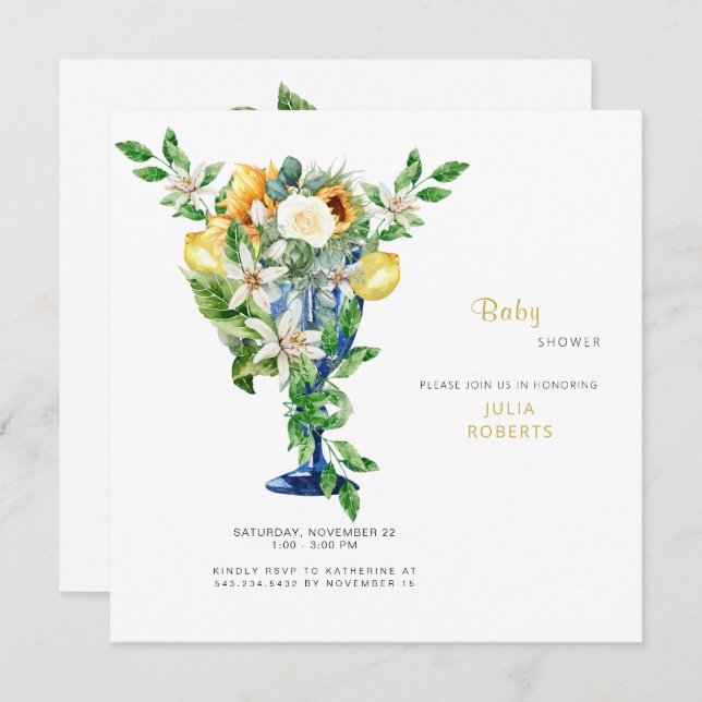 Convite Chá de fraldas Floral Neutral Mediterrânica (Frente/Verso)