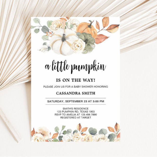 Convite Chá de fraldas Floral Pequeno de Abóbora (Rustic Floral Pumpkin Baby Shower Invitation)