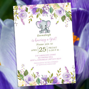 Convite Chá de fraldas Floral Primavera de Elefante Roxo-